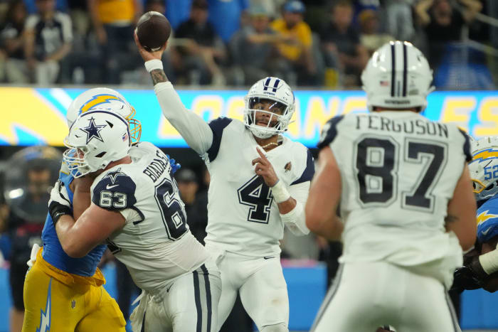 Oct 16, 2023; Inglewood, California, USA; Dallas Cowboys quarterback Dak Prescott (4) throws the ball against the Los Angeles Chargers in the second half at SoFi Stadium. Mandatory Credit: Kirby Lee-USA TODAY Sports